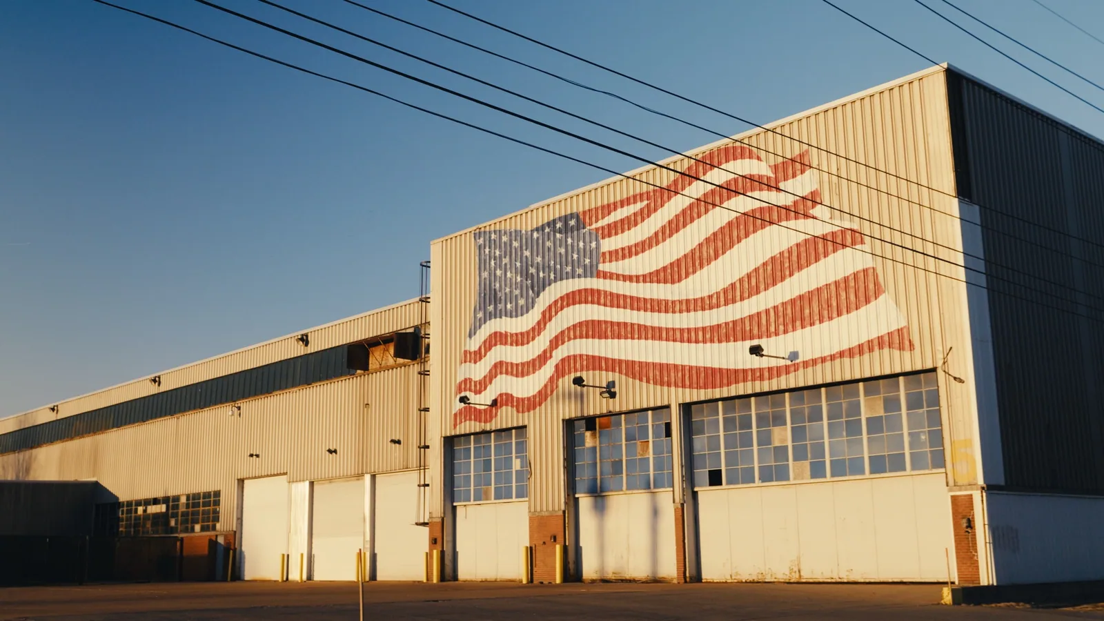 An industrial building with a large American flag painted across its facade